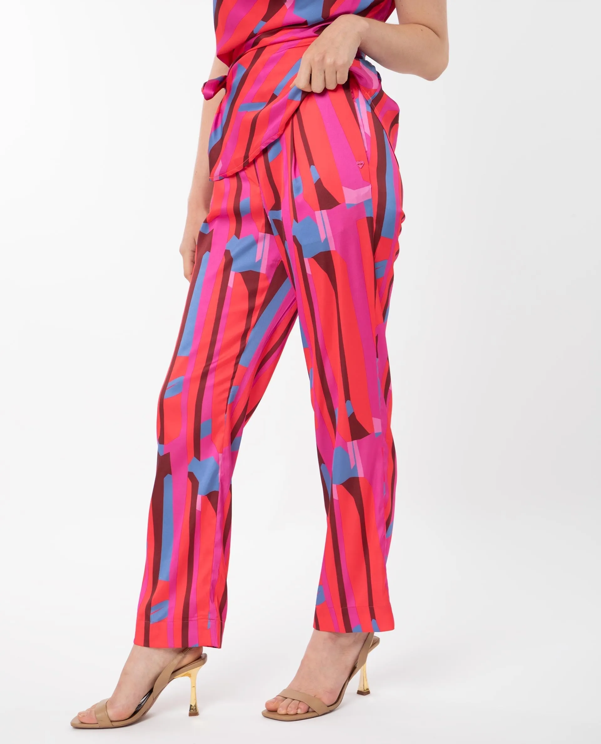 Rareism Women Zersa Pink Polyester Fabric Relaxed Fit Abstract Print Ankle Length Trousers