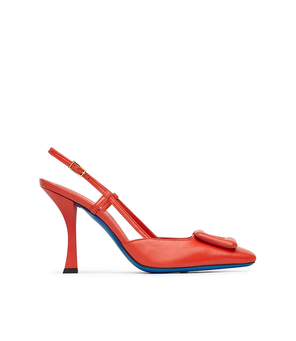 Red leather slingback pumps.