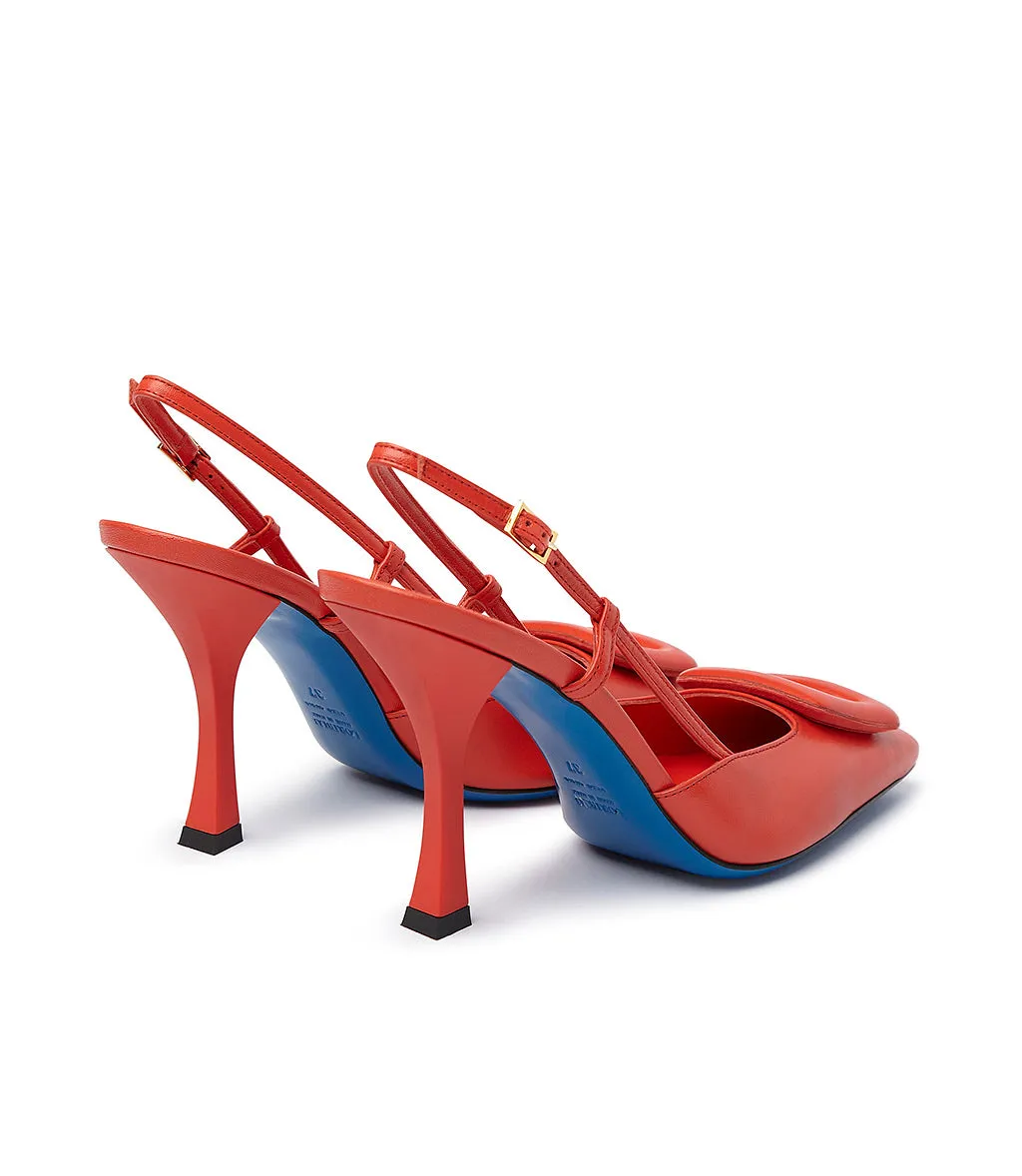 Red leather slingback pumps.