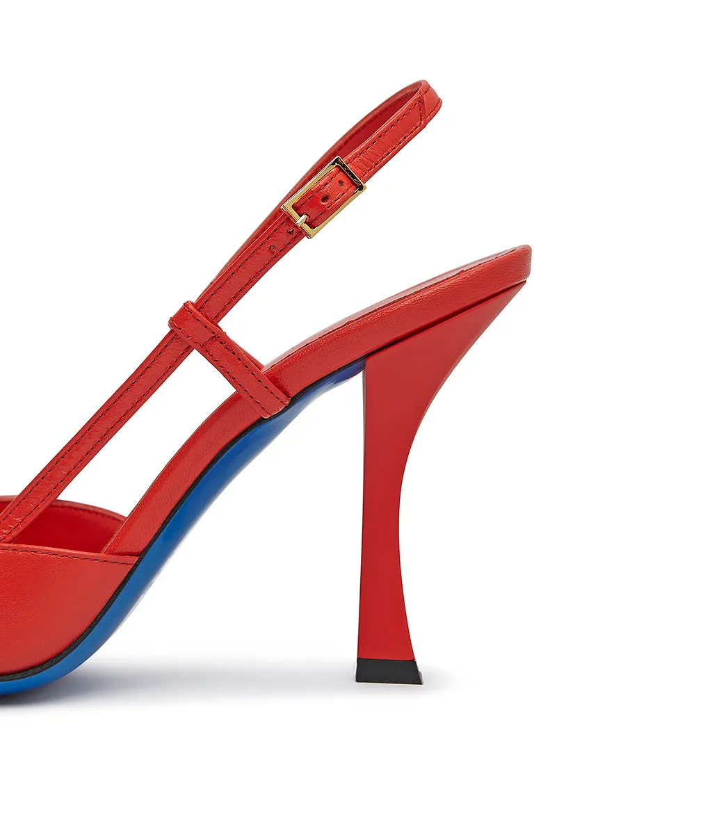 Red leather slingback pumps.