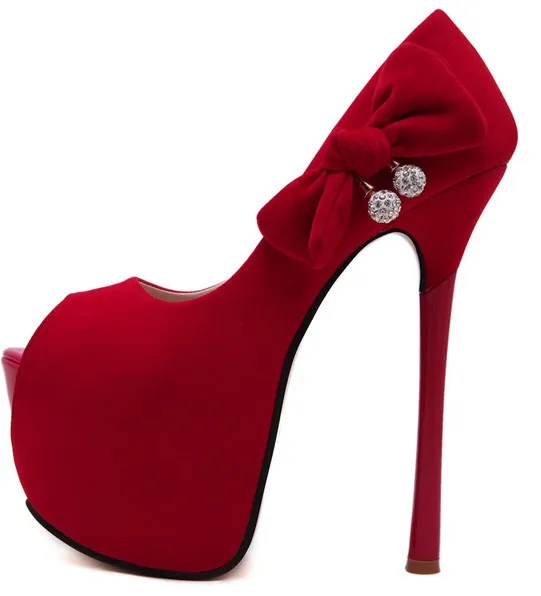 Red Peep Toe Stiletto Platforms with Suede Bow Detail