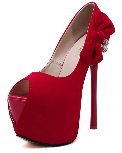 Red Peep Toe Stiletto Platforms with Suede Bow Detail