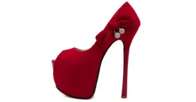 Red Peep Toe Stiletto Platforms with Suede Bow Detail