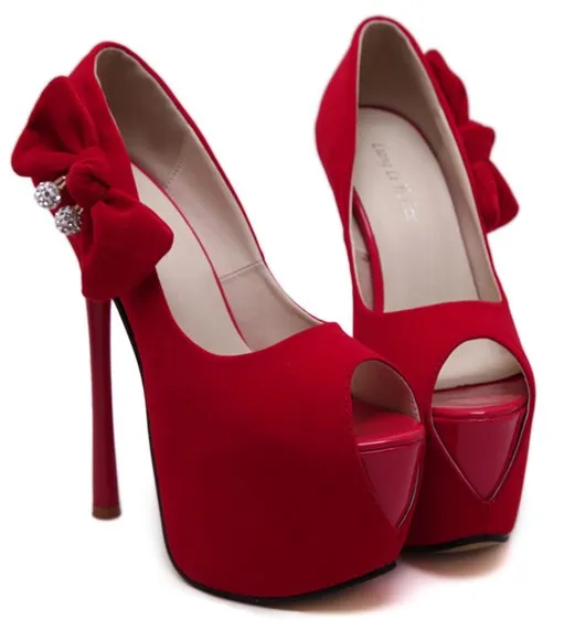 Red Peep Toe Stiletto Platforms with Suede Bow Detail