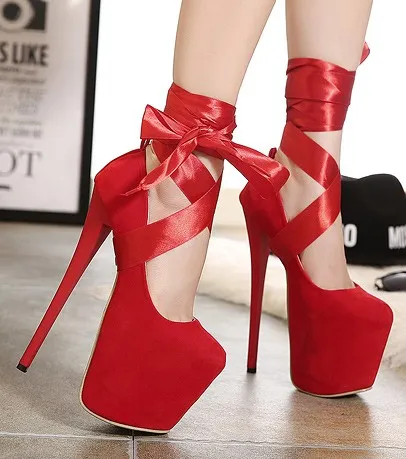 Red Suede Ribbons Super High Heels Ballerina Ballet Platforms