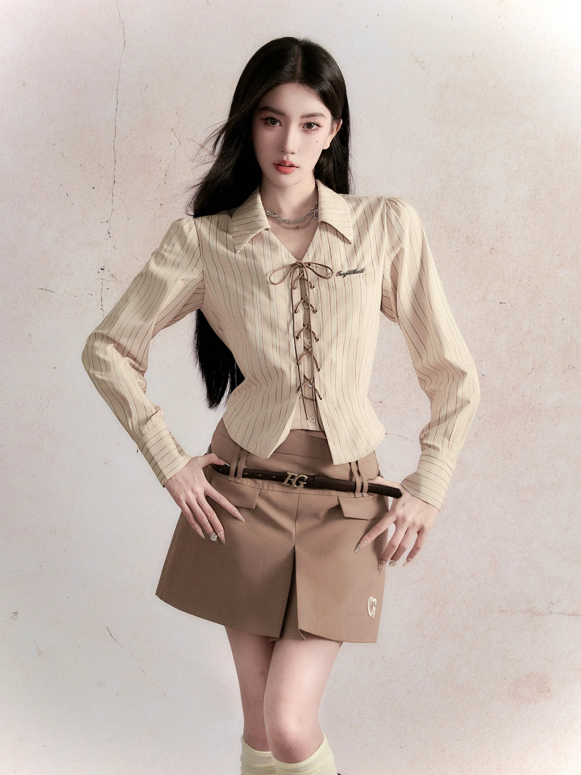 Retro SchoolGirl Jacket ＆ Mini Skirt ＆ Lace-Up Shirt