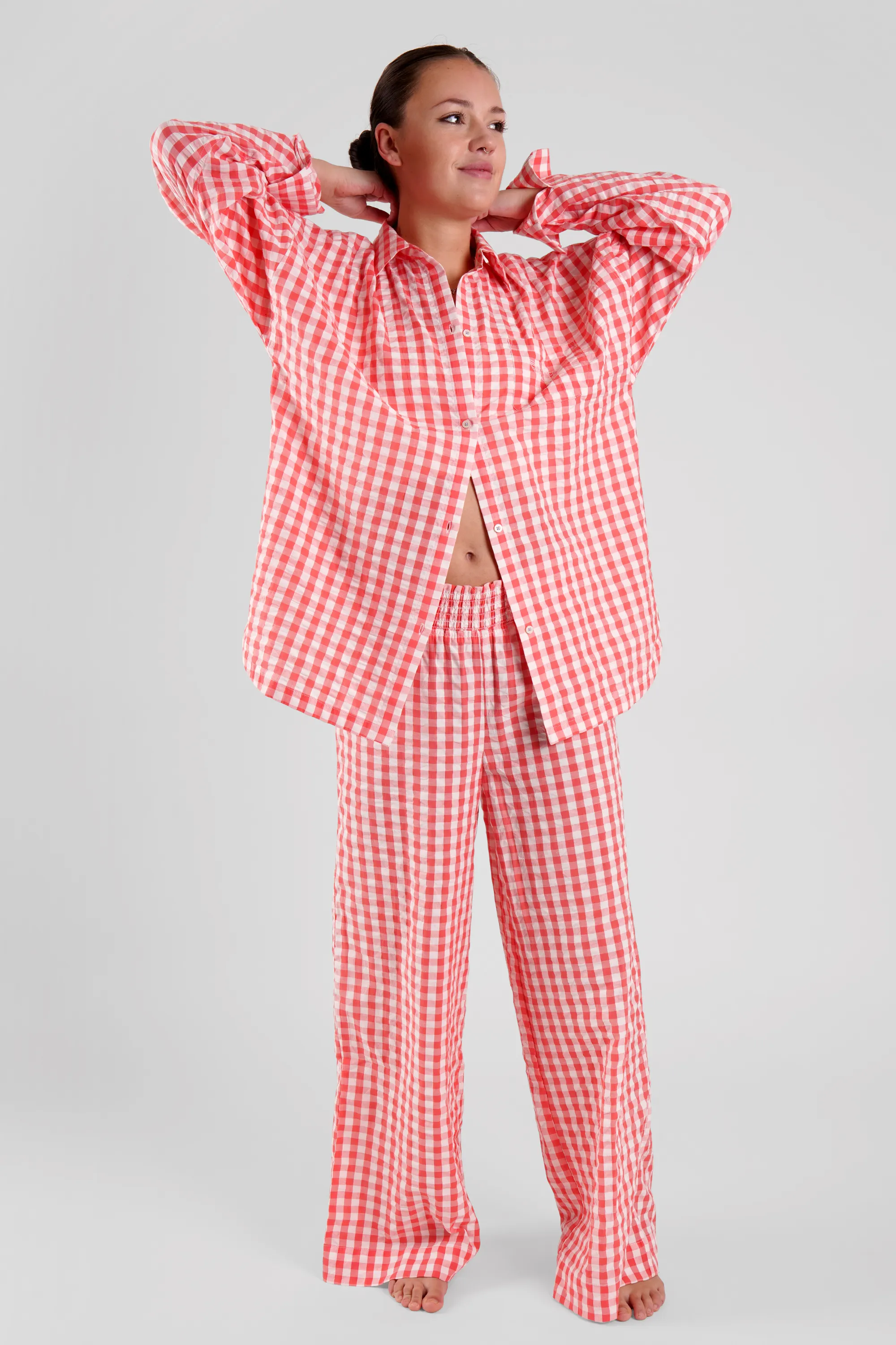 Robinia gingham check ethical-cotton pyjama trousers - Canyon Peach