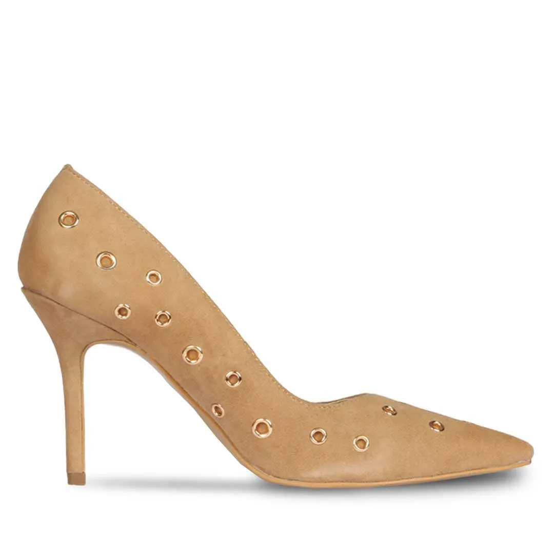 Saint Remi Eyelet Embellished Taupe Suede Leather Pumps