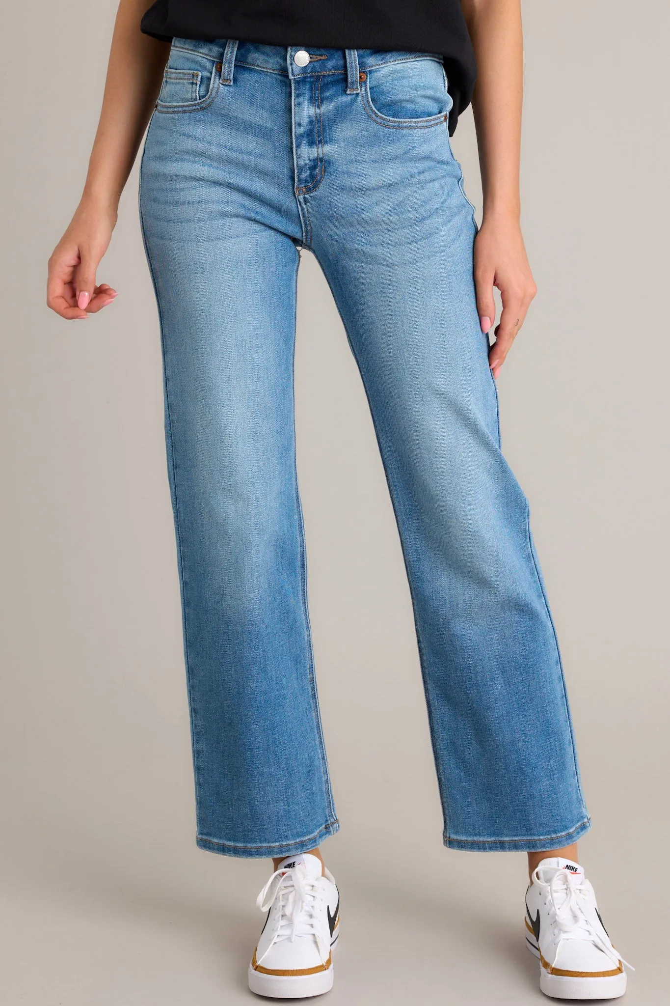 Sneak Peek Medium Wash High Rise Straight Leg Jeans