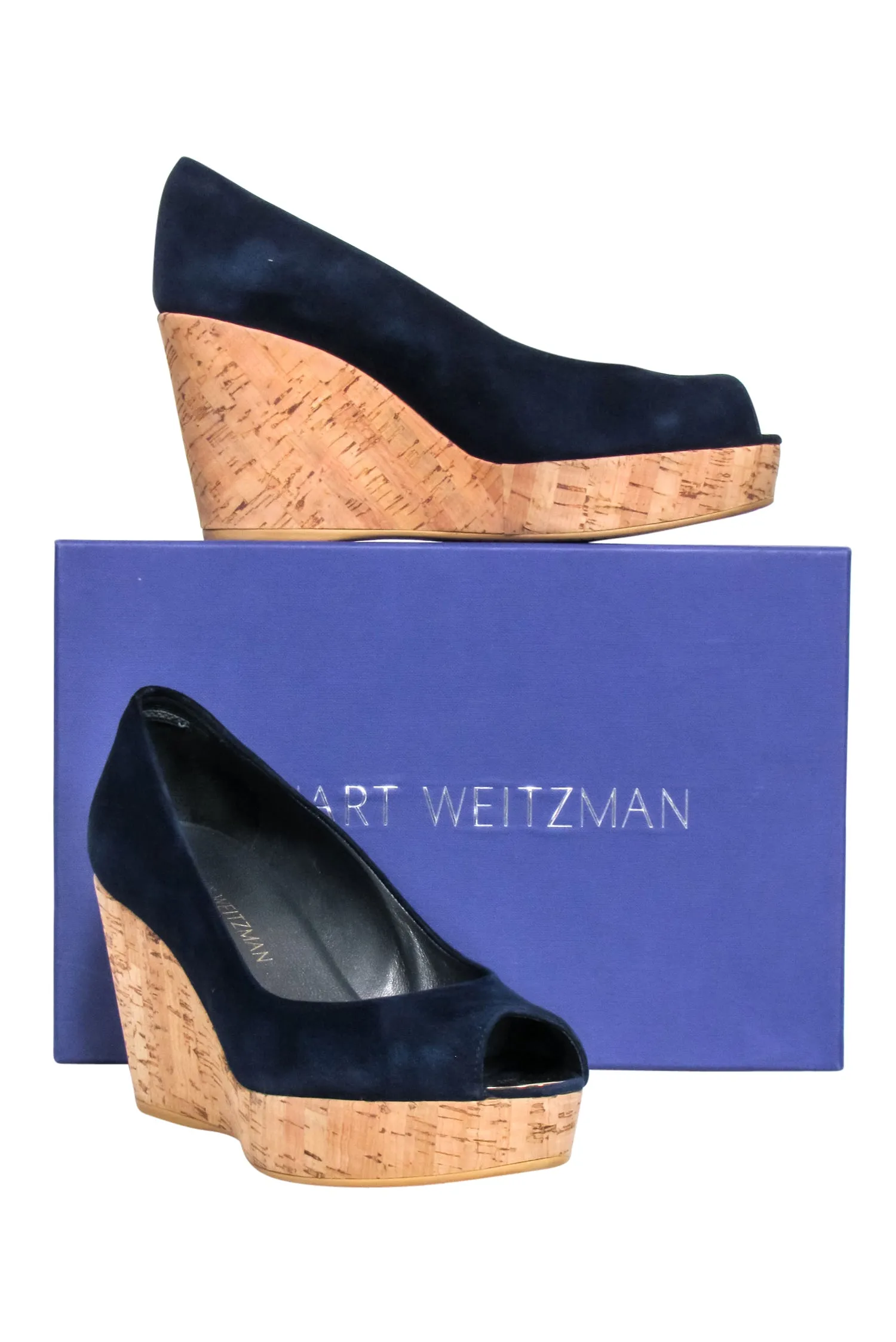 Stuart Weitzman - Navy Peep Toe Cork Wedges Sz 8