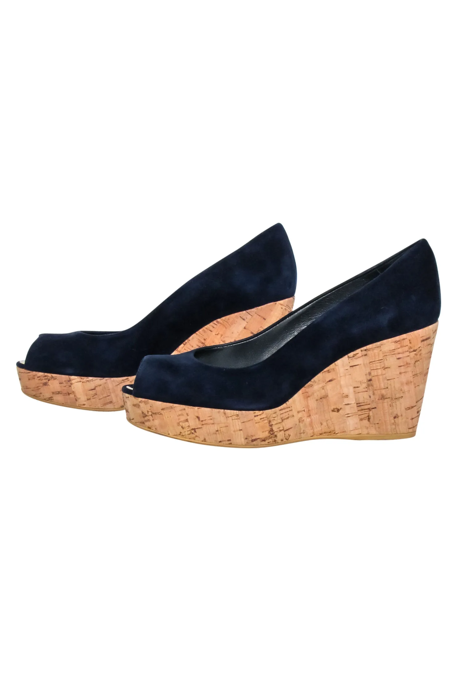 Stuart Weitzman - Navy Peep Toe Cork Wedges Sz 8