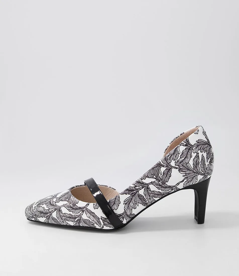 SUPERSOFT Narda2 Black White Floral Black Leather Patent Heels