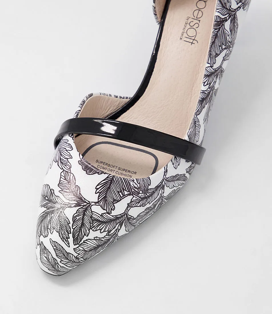 SUPERSOFT Narda2 Black White Floral Black Leather Patent Heels