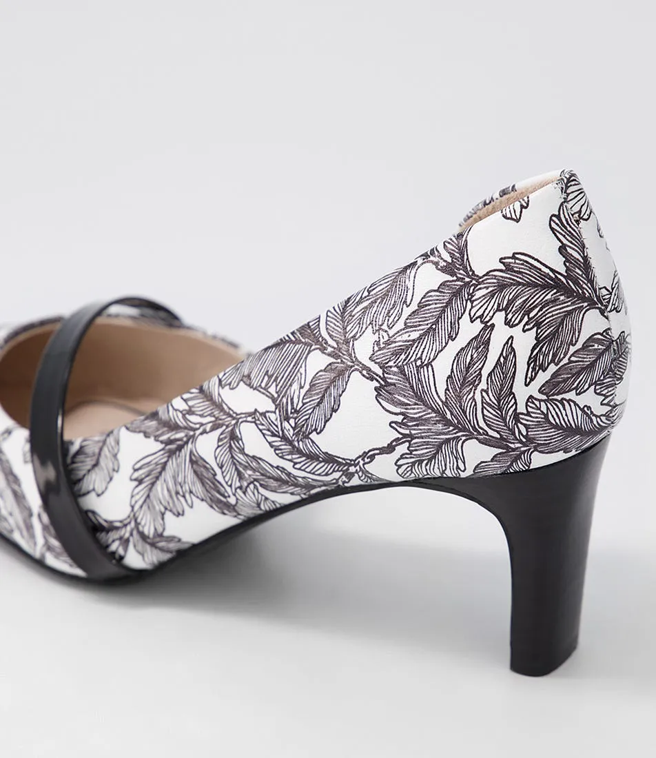 SUPERSOFT Narda2 Black White Floral Black Leather Patent Heels