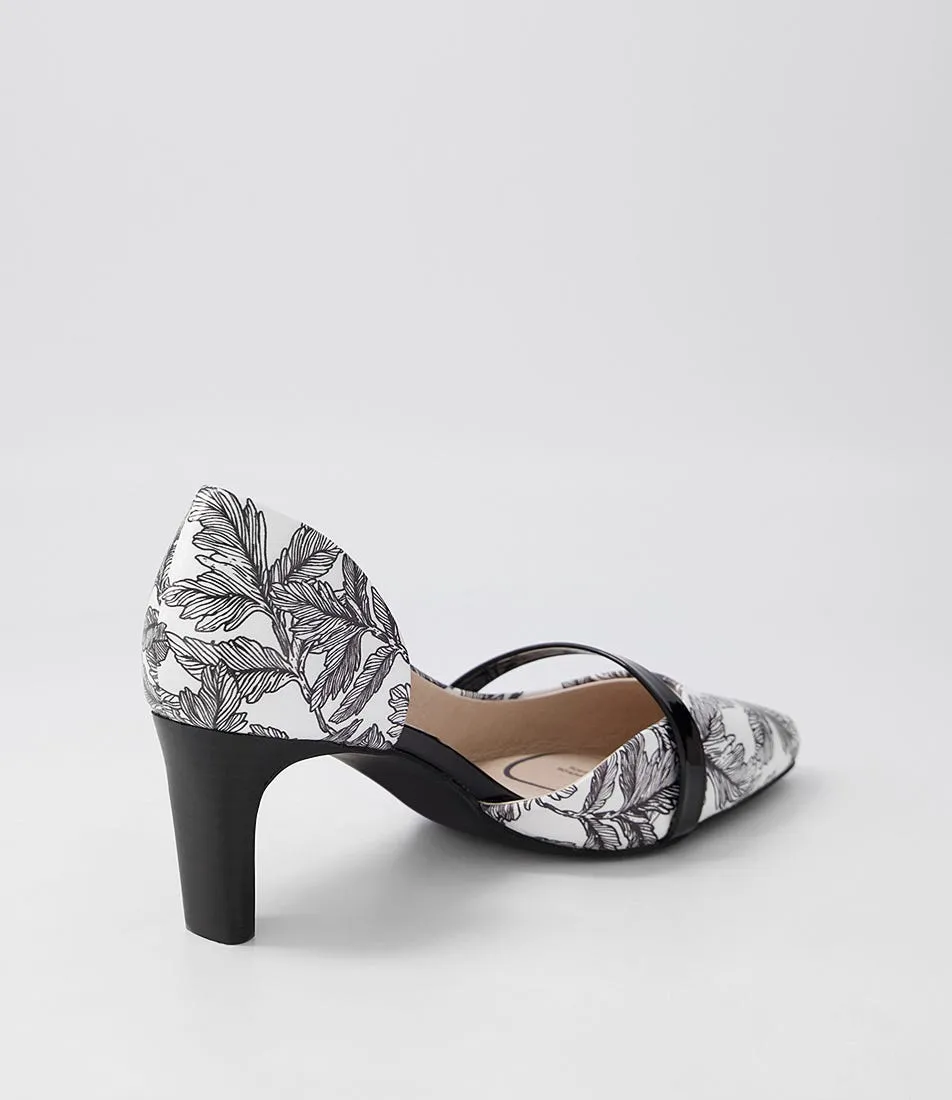 SUPERSOFT Narda2 Black White Floral Black Leather Patent Heels