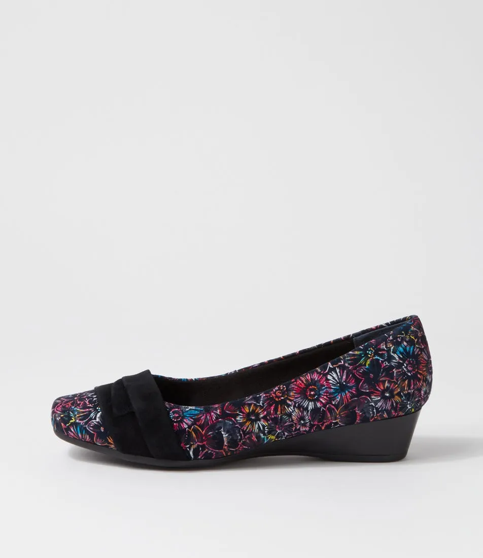 Floral Black Suede Wedges