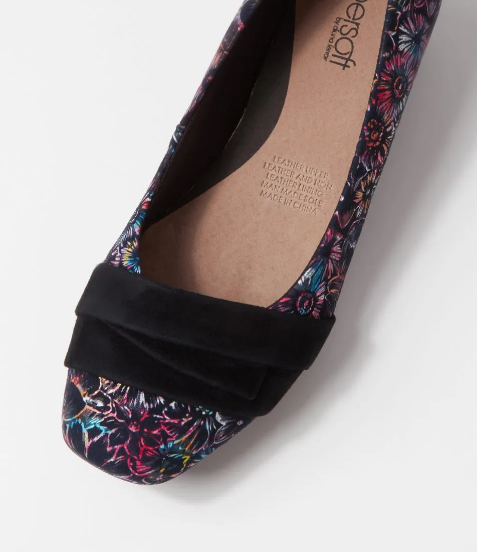 Floral Black Suede Wedges