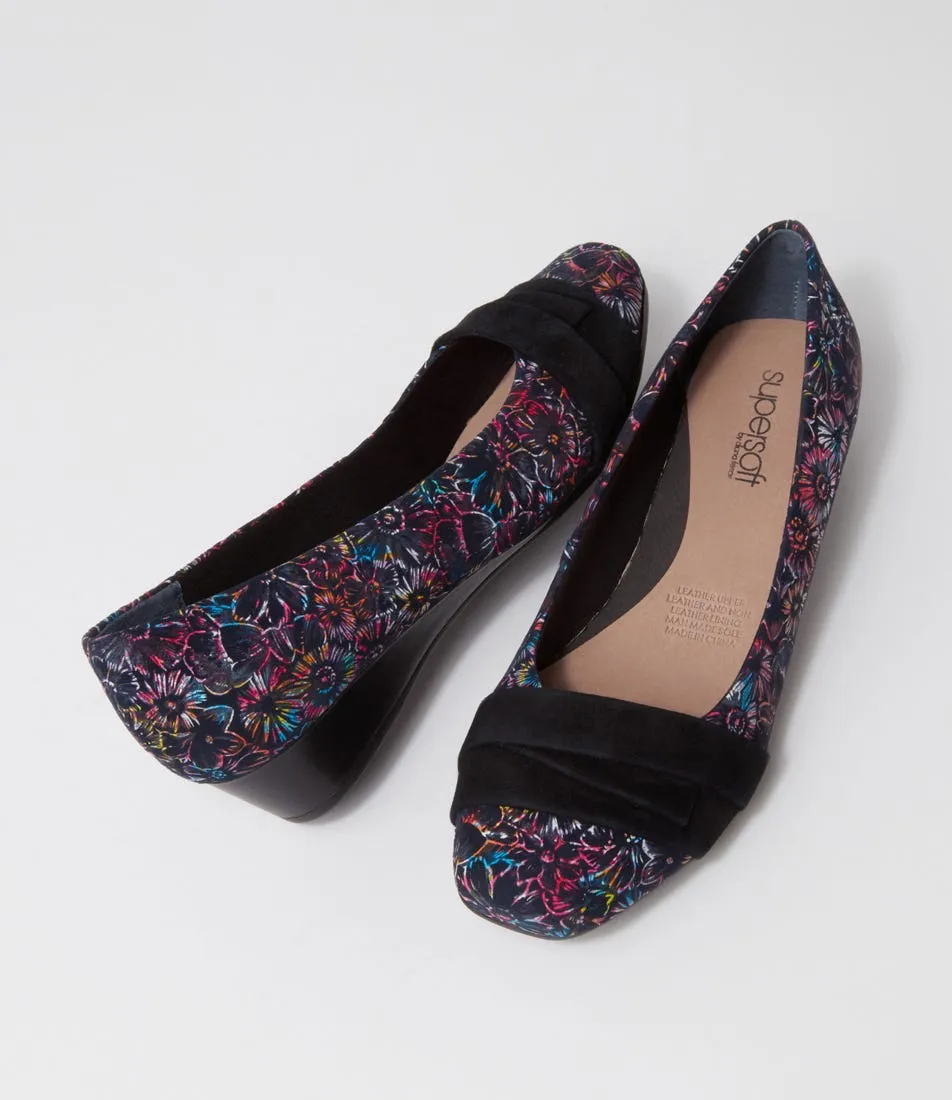 Floral Black Suede Wedges