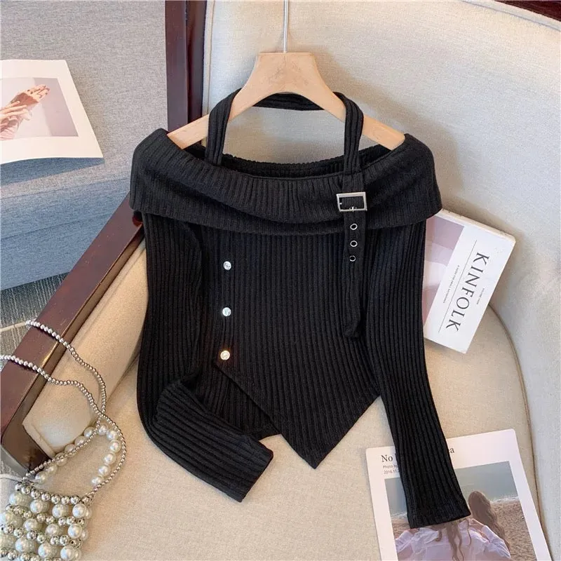 Sweet cool hot girl high-end black halterneck irregular short knitted long-sleeved bottoming shirt top for women autumn new styl