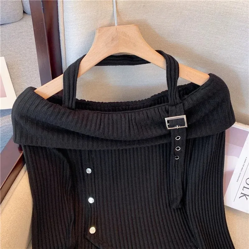 Sweet cool hot girl high-end black halterneck irregular short knitted long-sleeved bottoming shirt top for women autumn new styl