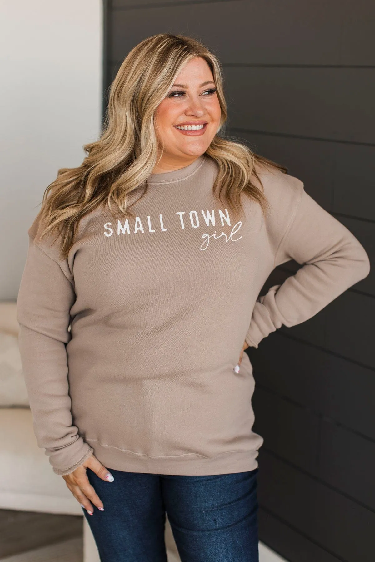 Tan Crew Neck Pullover for Small Town Girl