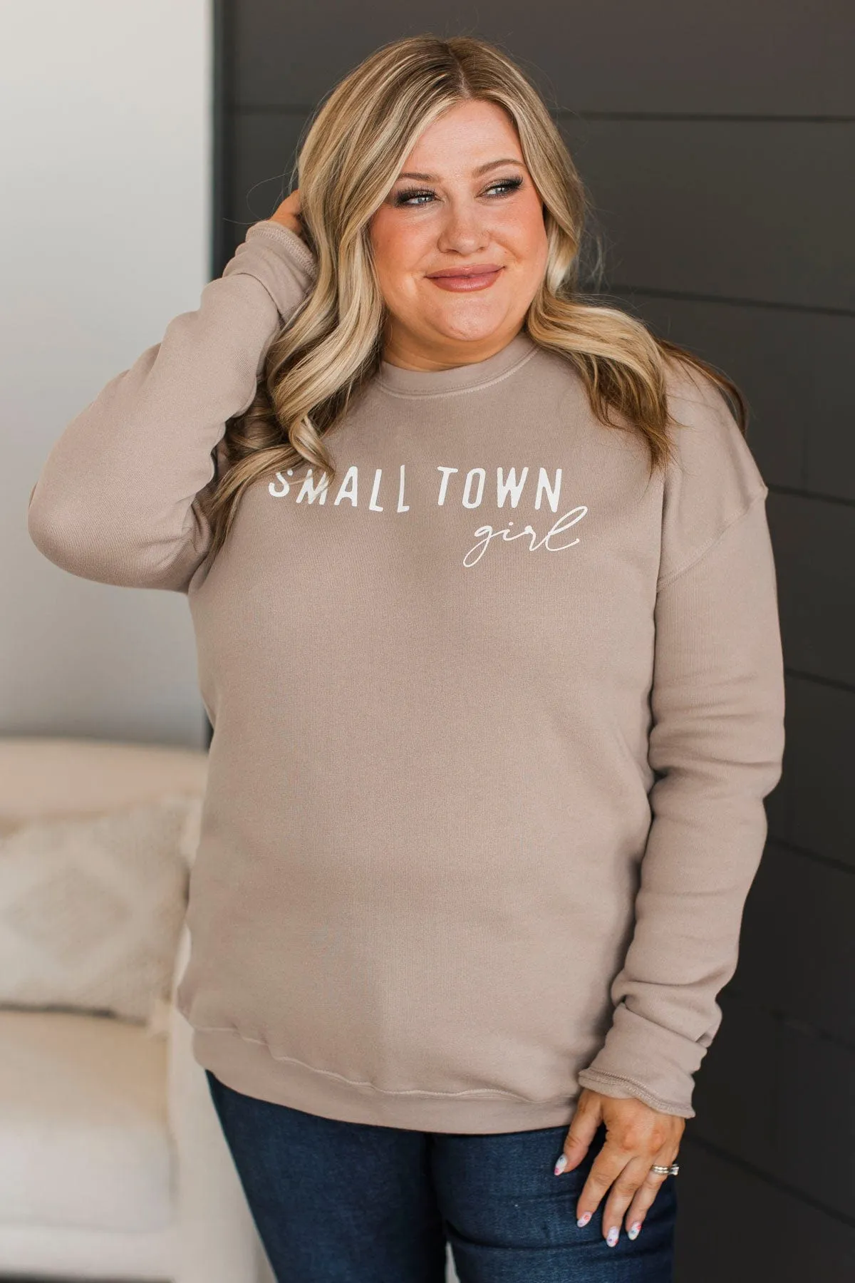 Tan Crew Neck Pullover for Small Town Girl