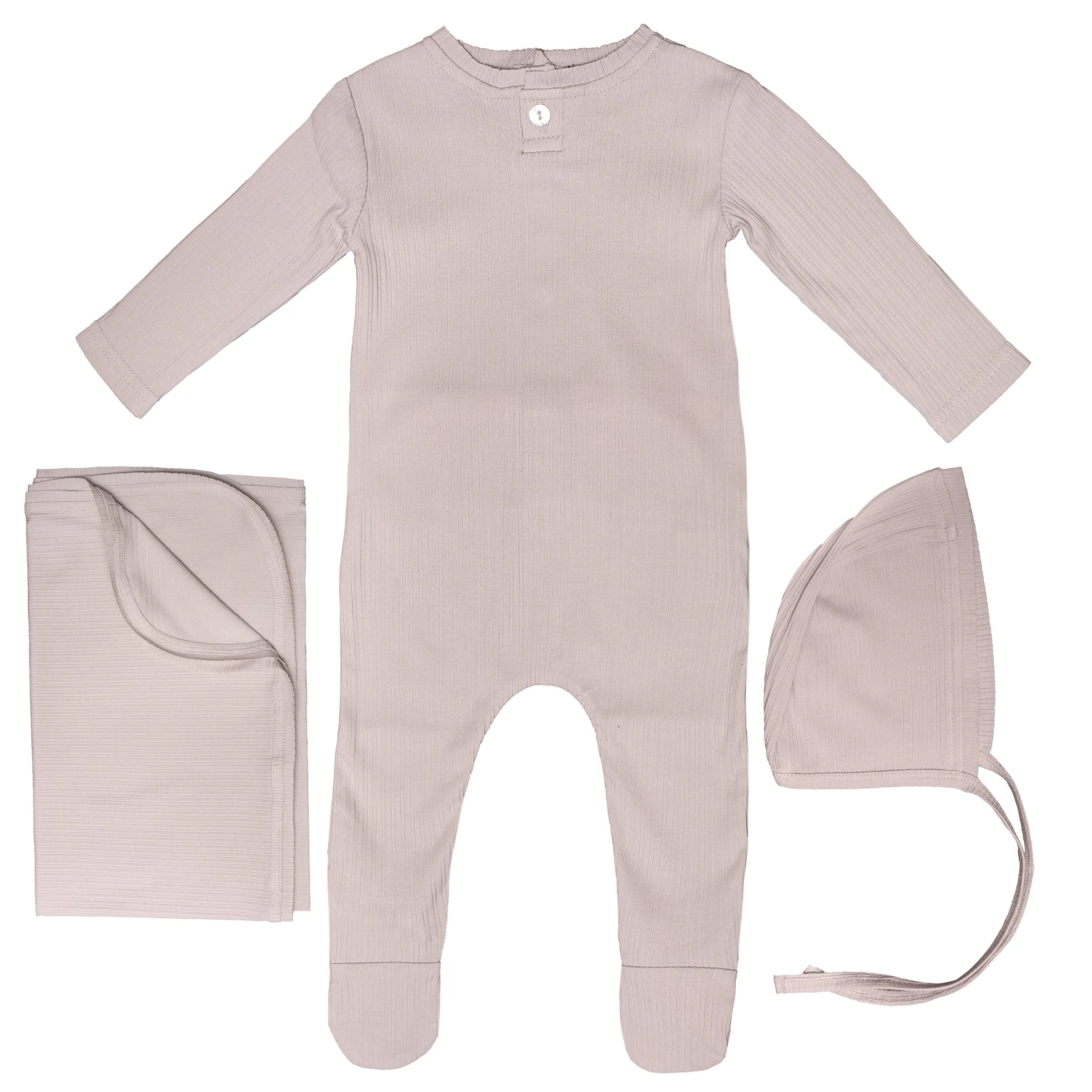 Taupe Baby Layette Set with Ribbed Trim