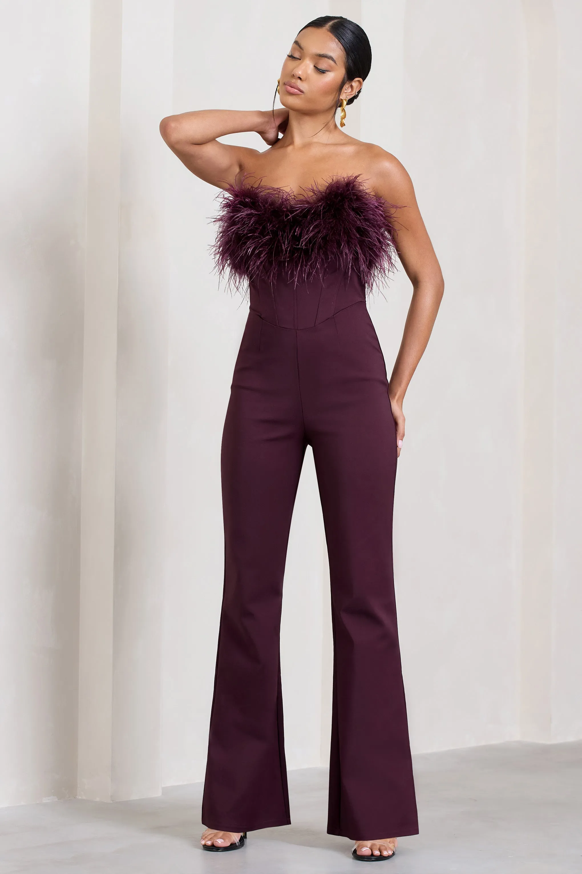 Tessa Burgundy Corset Jumpsuit Feather Trim