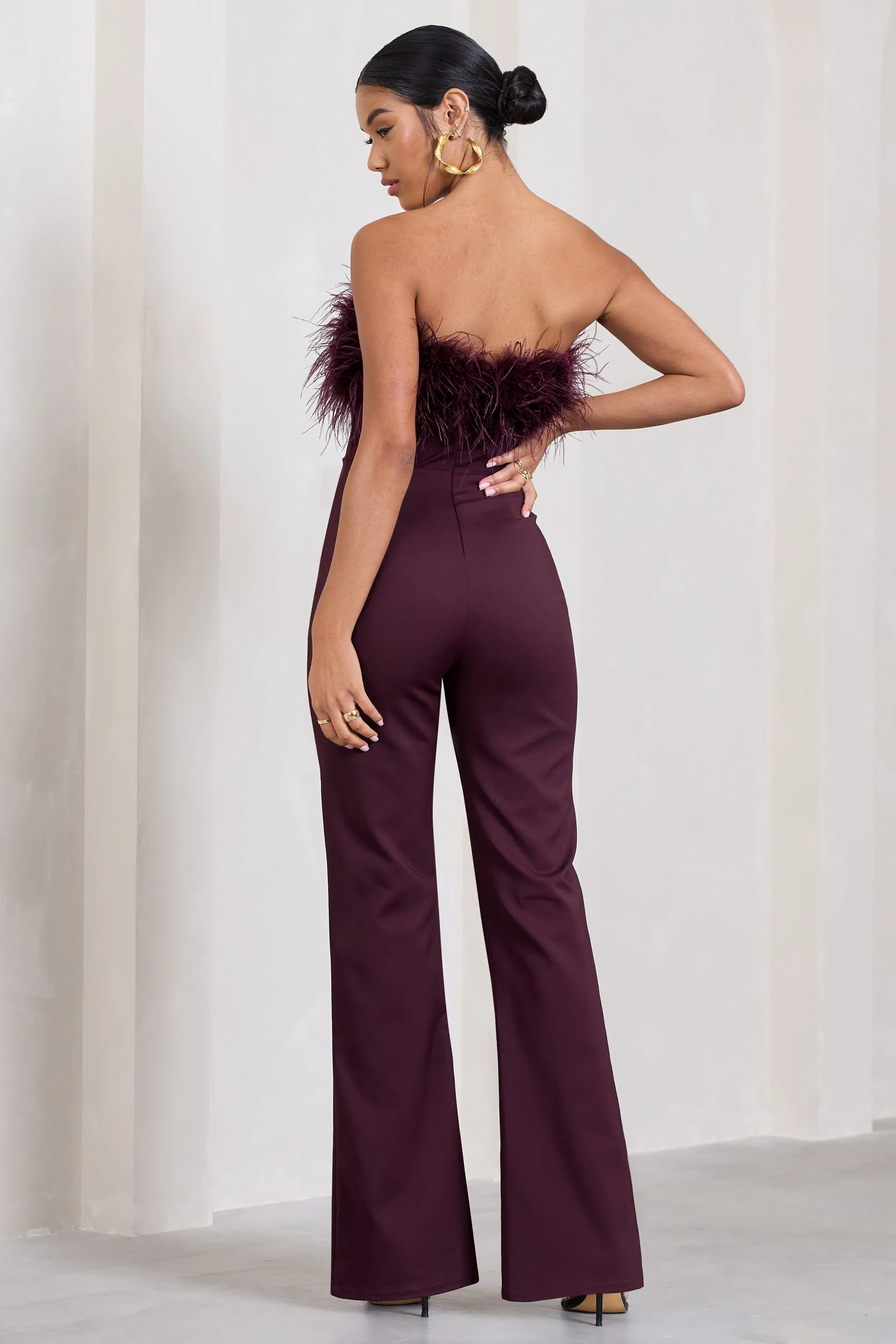 Tessa Burgundy Corset Jumpsuit Feather Trim