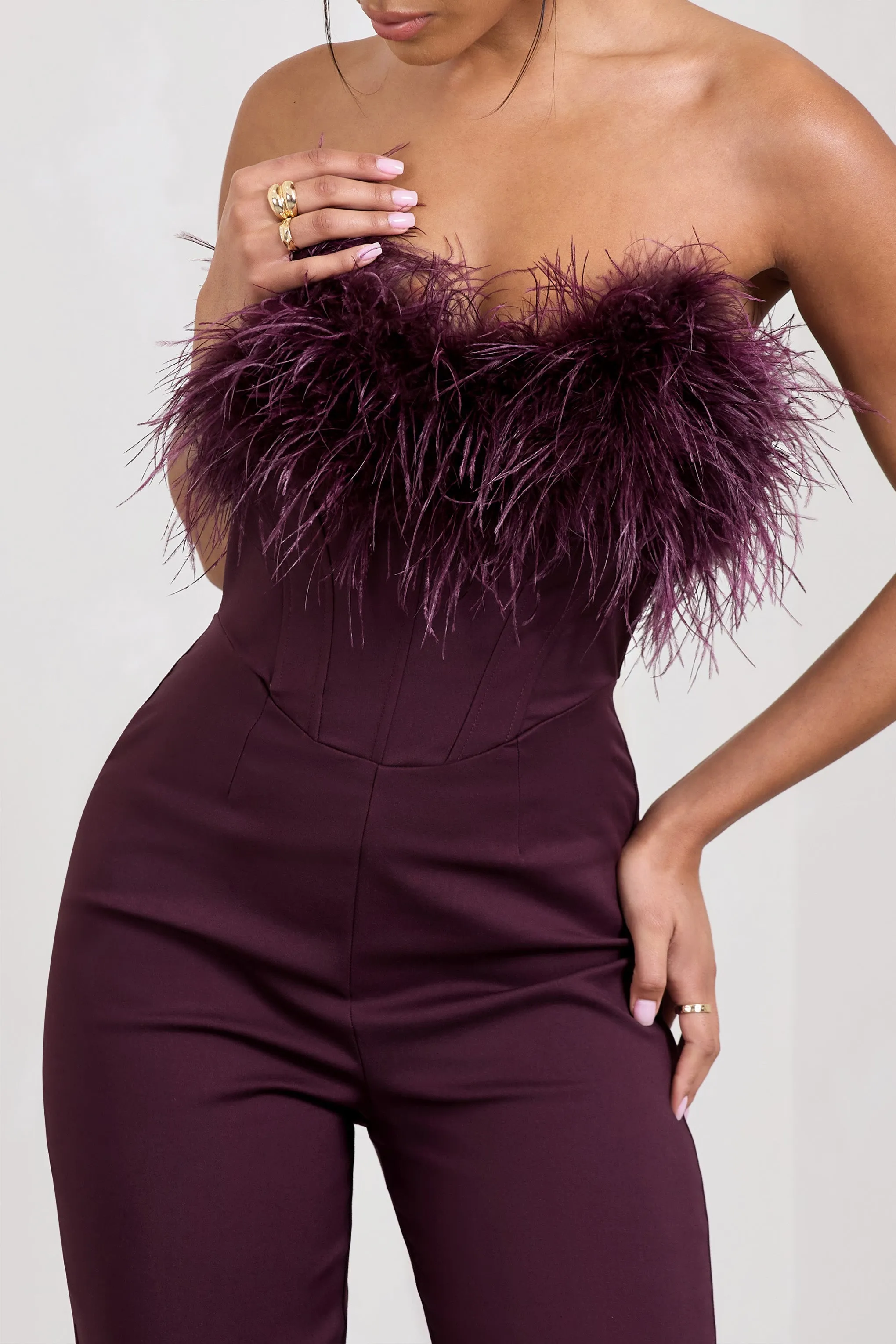 Tessa Burgundy Corset Jumpsuit Feather Trim