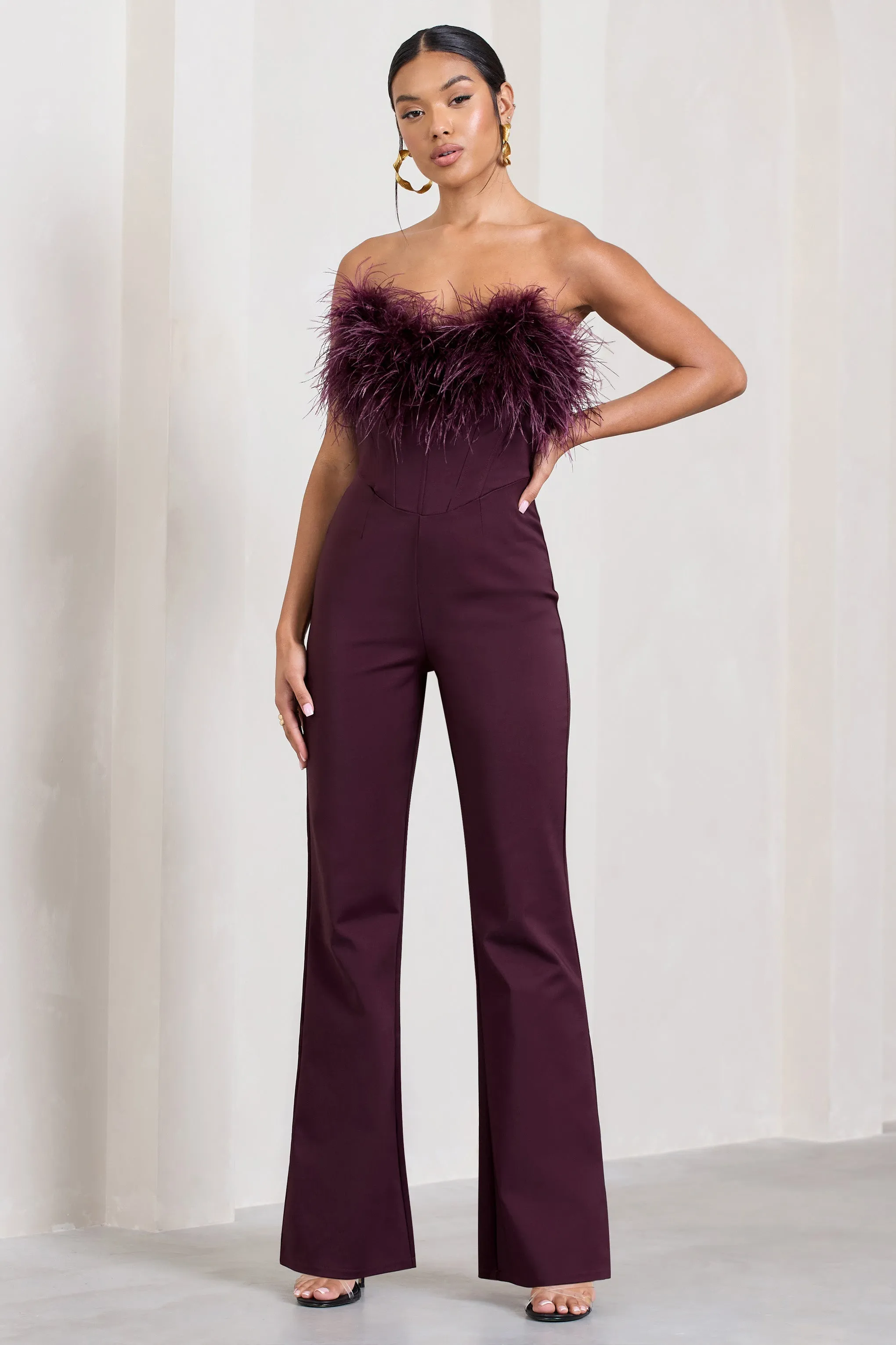 Tessa Burgundy Corset Jumpsuit Feather Trim