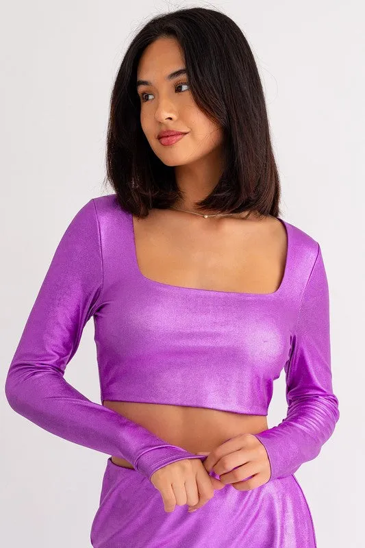 The Glam Girl Metallic Pink Long Sleeve Crop Top