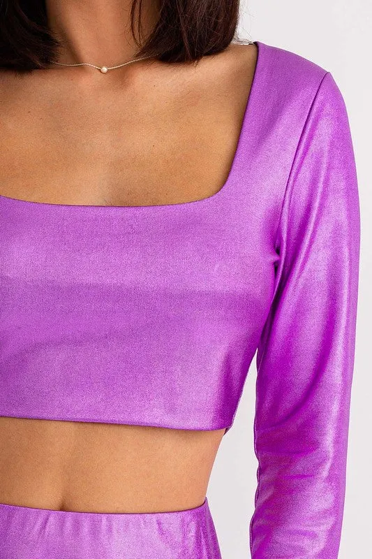 The Glam Girl Metallic Pink Long Sleeve Crop Top