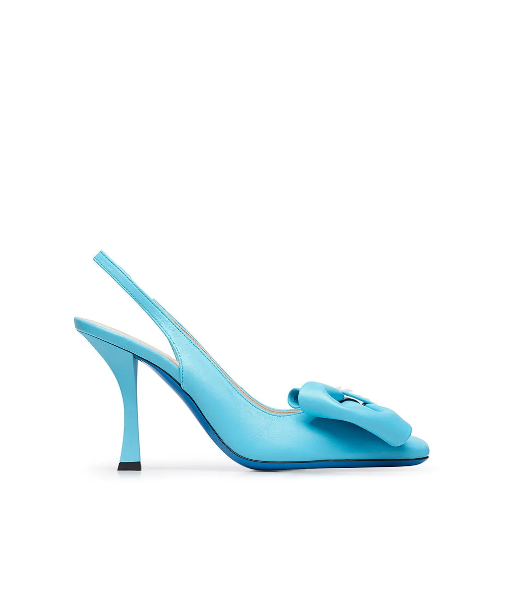 Tiffany blue leather slingback pumps with bow and sequins