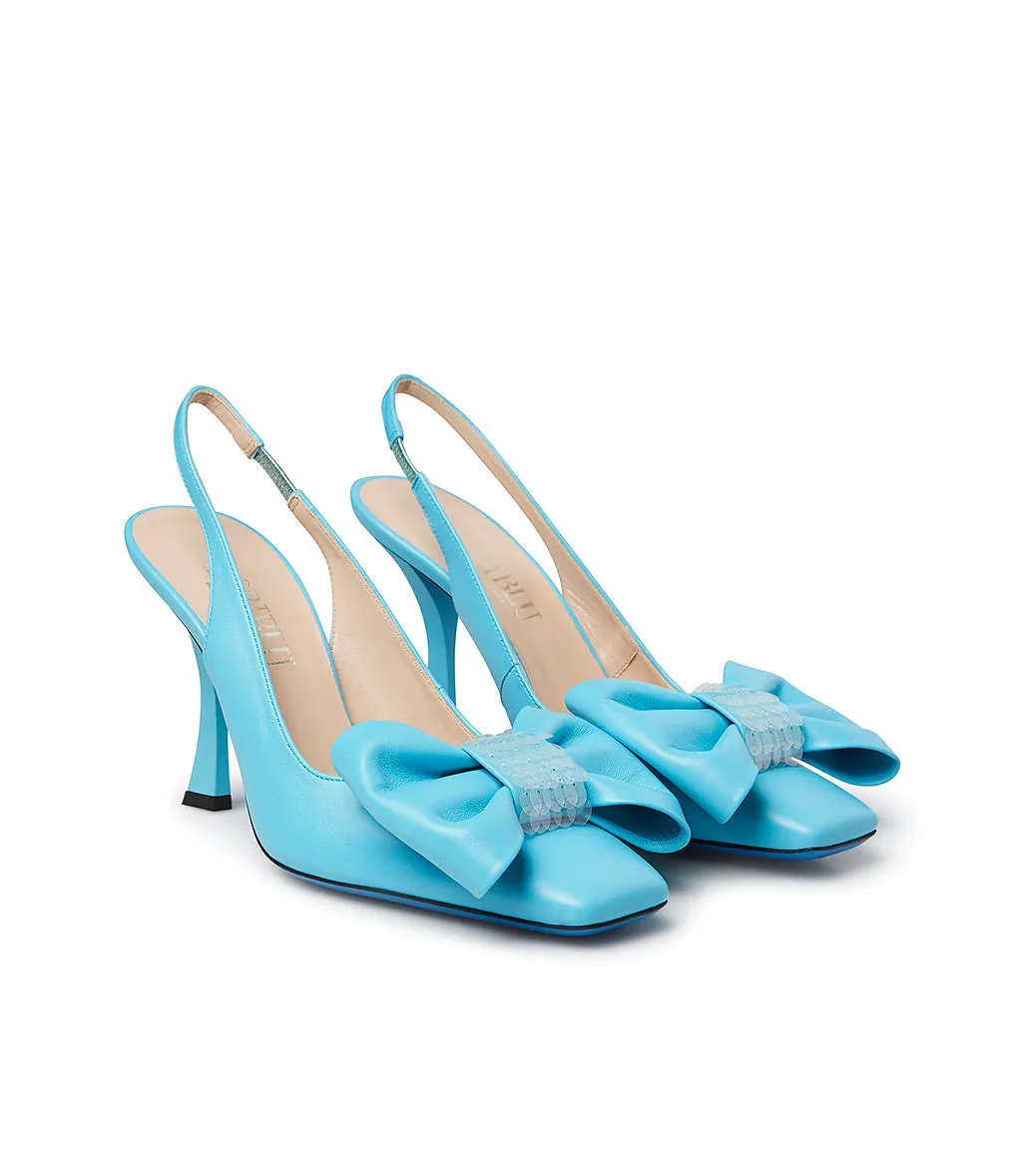 Tiffany blue leather slingback pumps with bow and sequins