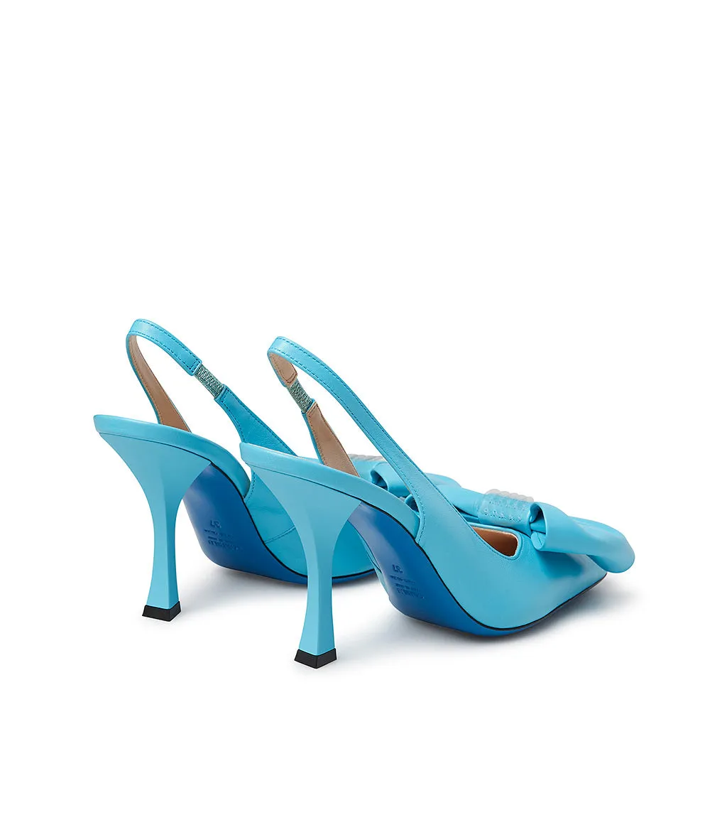 Tiffany blue leather slingback pumps with bow and sequins