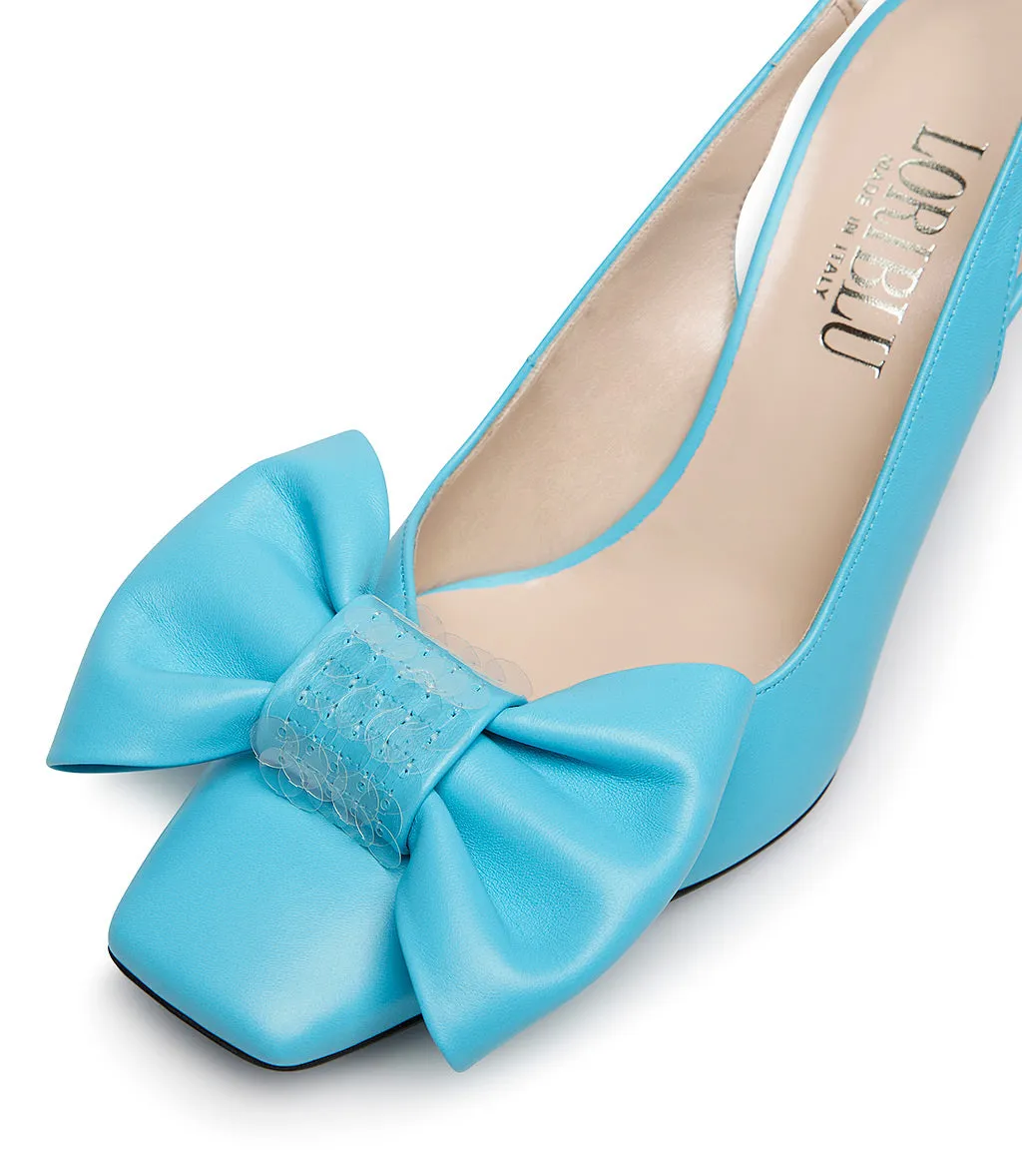 Tiffany blue leather slingback pumps with bow and sequins