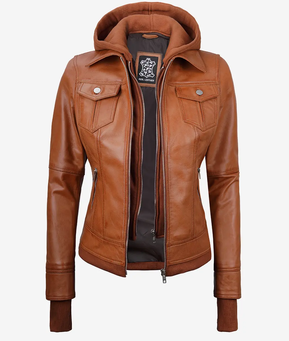 Tralee Women's Tan Bomber Leather Jacket With Detachable Hood