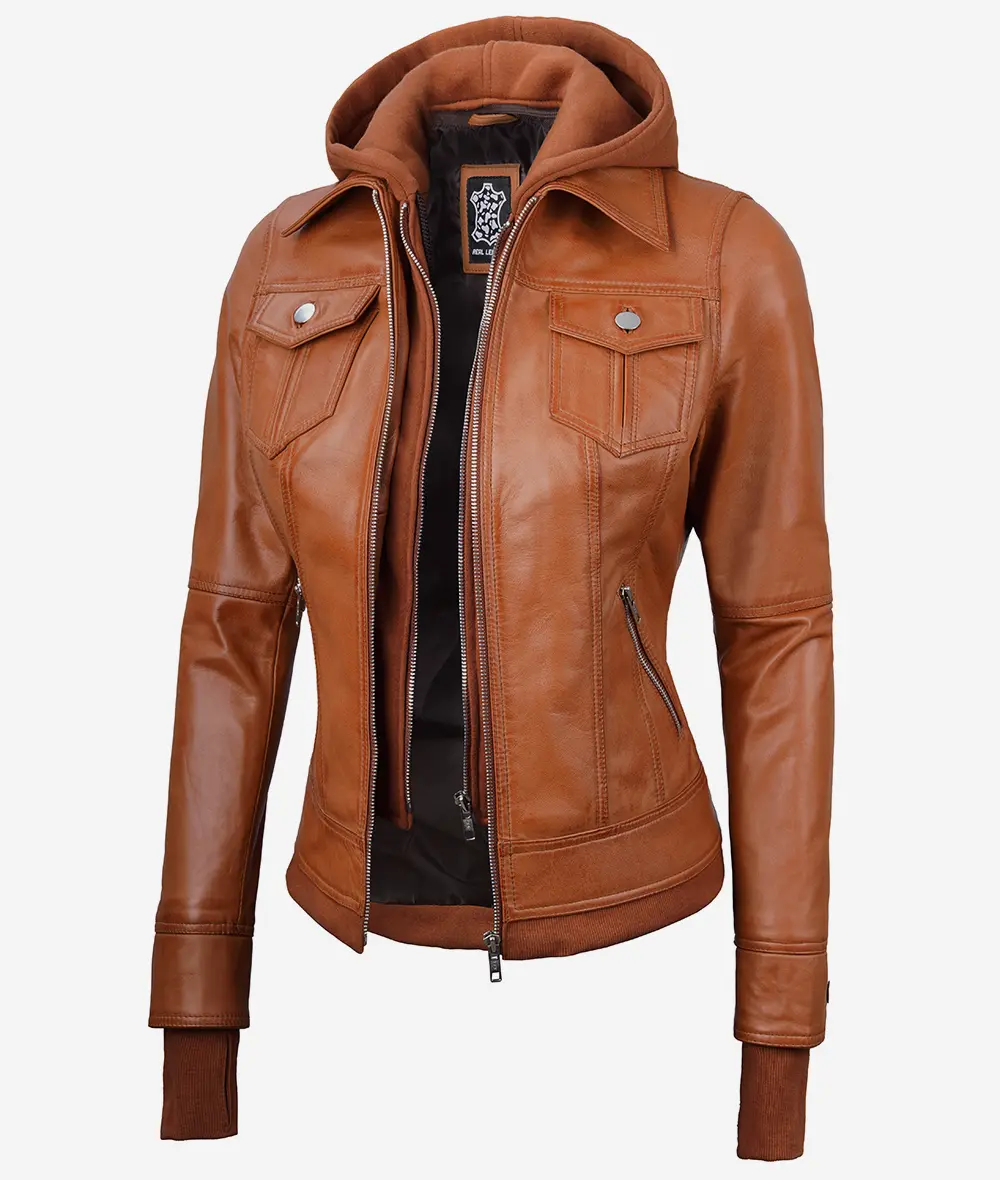 Tralee Women's Tan Bomber Leather Jacket With Detachable Hood