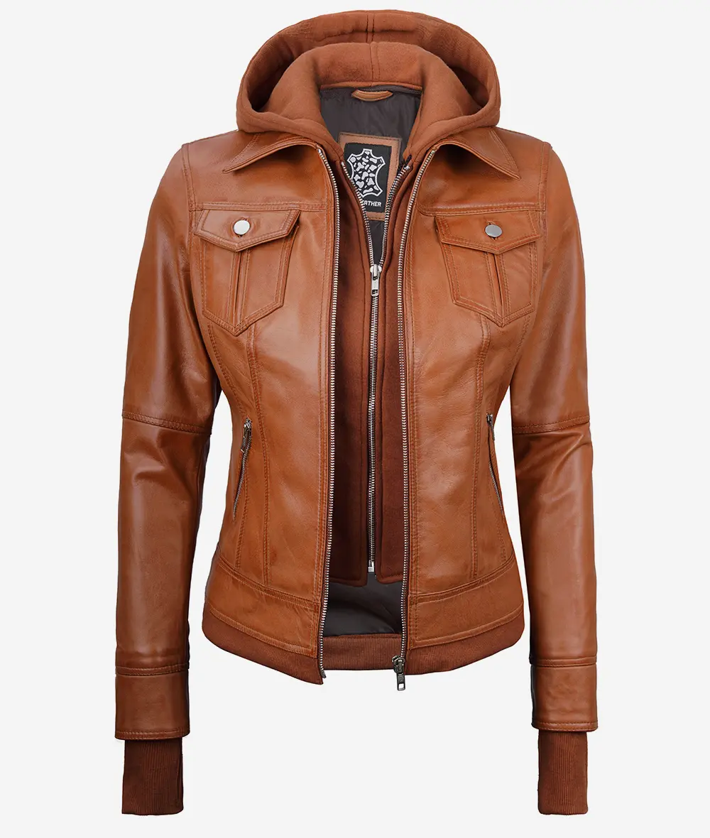 Tralee Women's Tan Bomber Leather Jacket With Detachable Hood