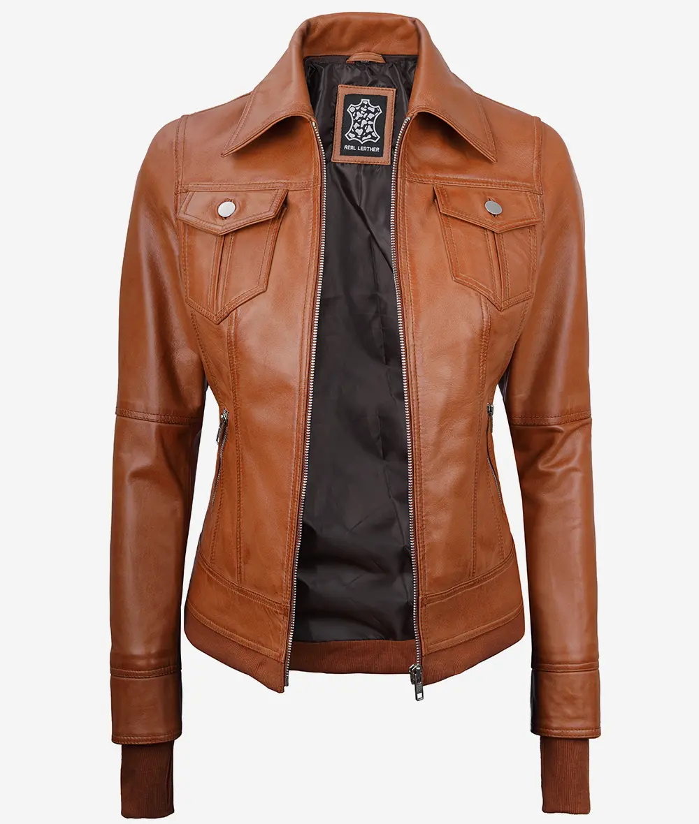 Tralee Women's Tan Bomber Leather Jacket With Detachable Hood