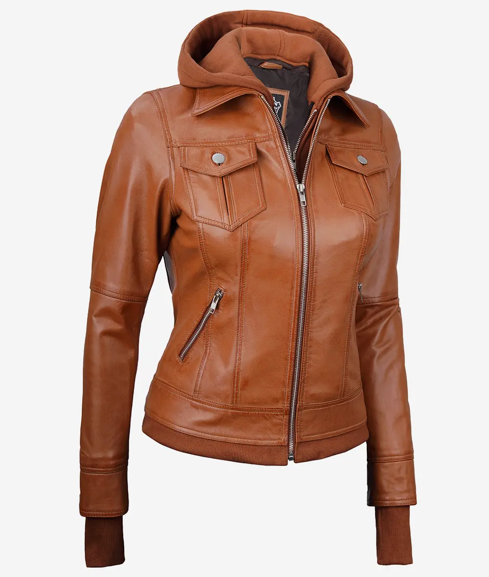 Tralee Women's Tan Bomber Leather Jacket With Detachable Hood