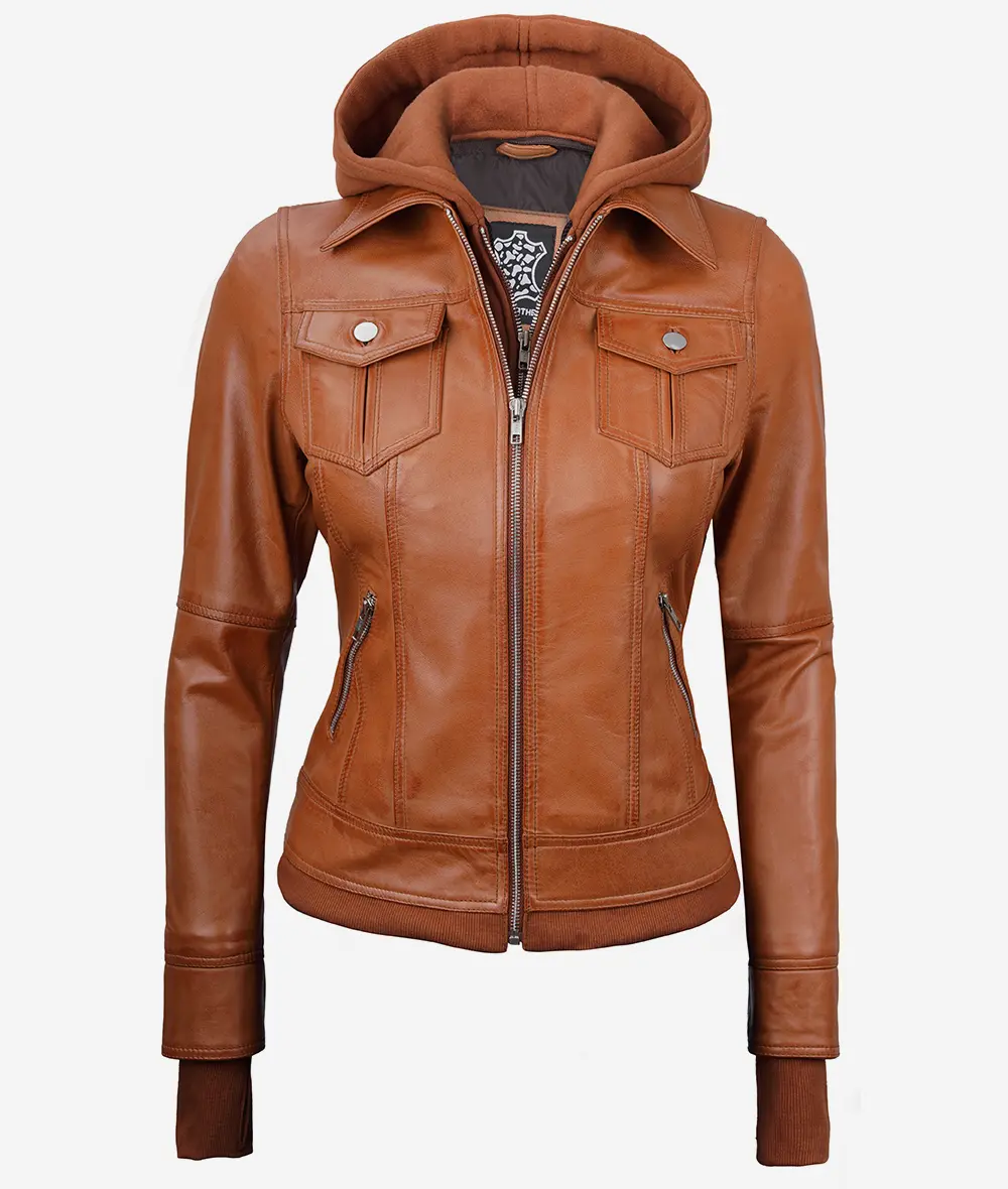 Tralee Women's Tan Bomber Leather Jacket With Detachable Hood