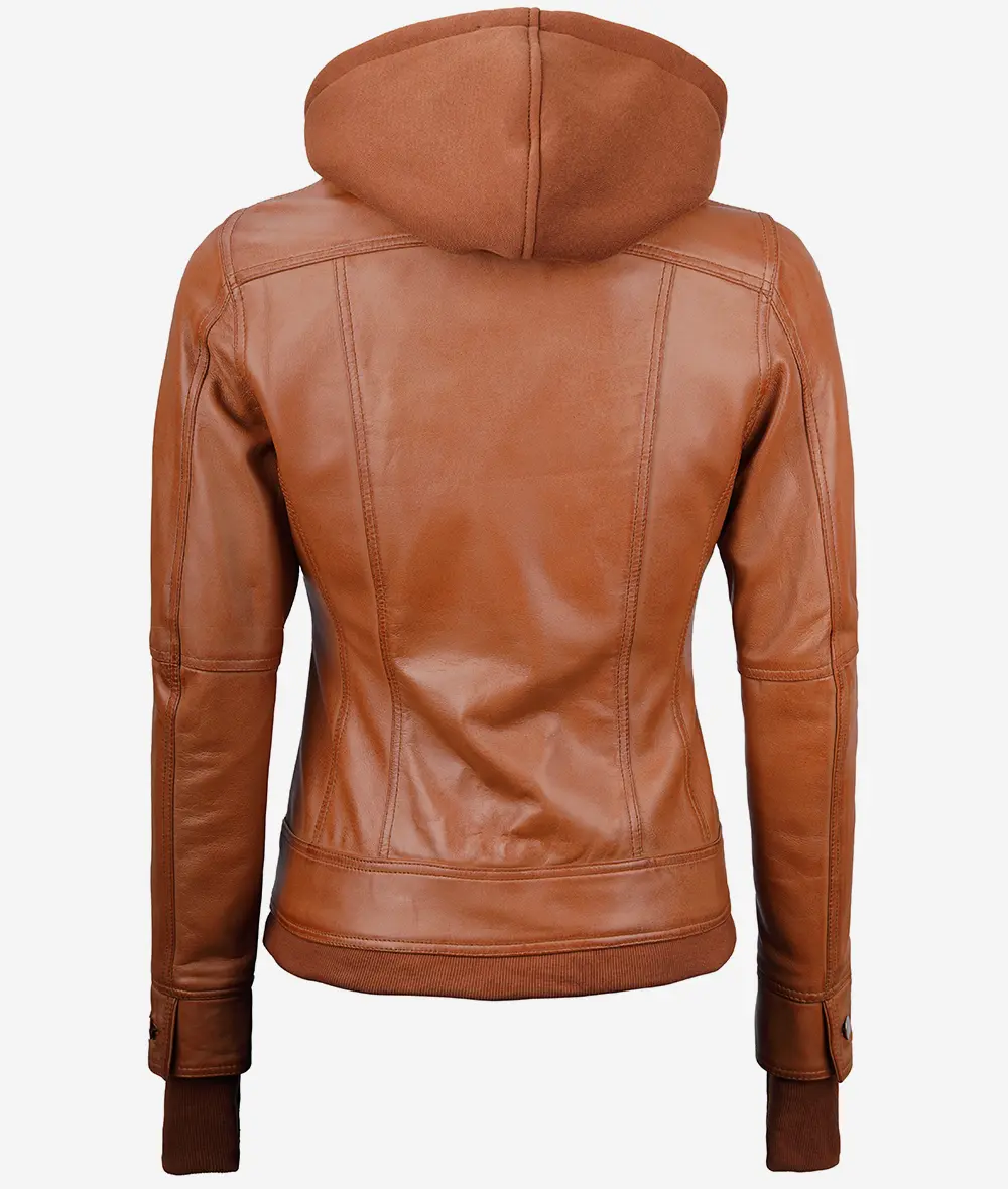 Tralee Women's Tan Bomber Leather Jacket With Detachable Hood