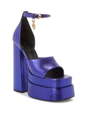 VERSACE Womens Purple 3 Platform Charm Accent Jeweled Strap Ankle Strap Medusa Aevitas Square Toe Block Heel Buckle Leather Dres