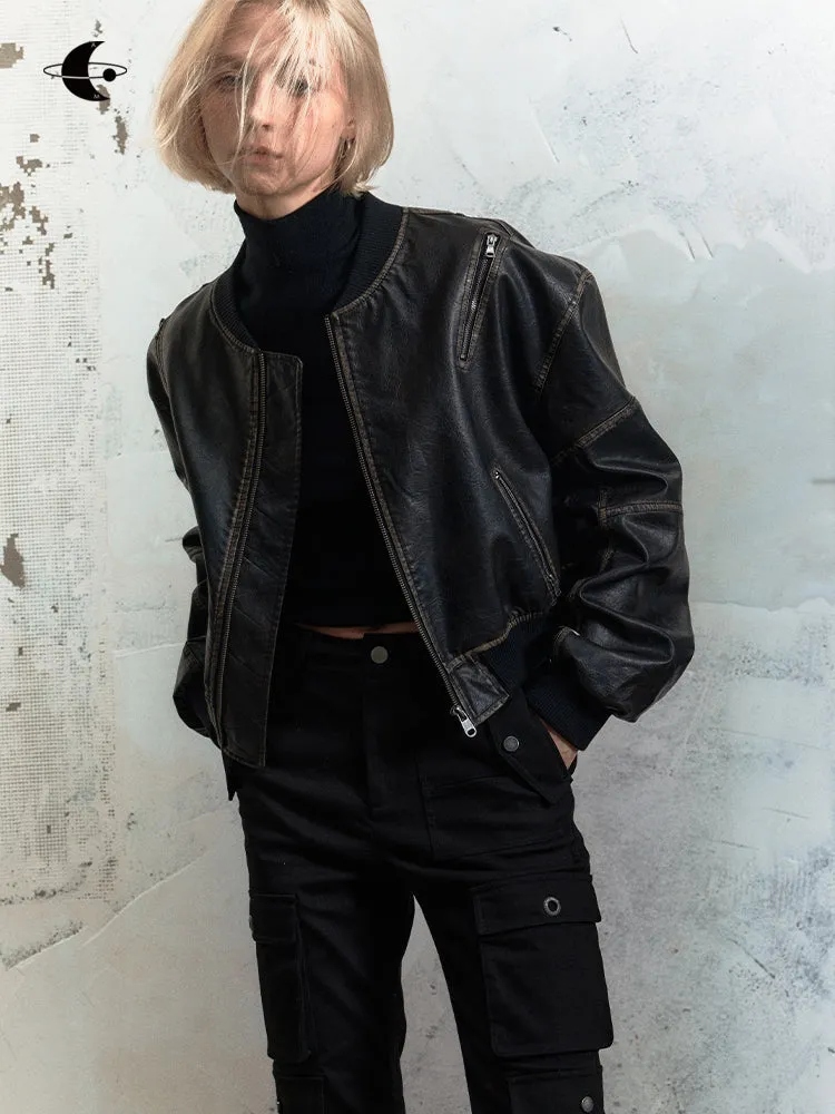 Vintage Leather No-Collar Jacket