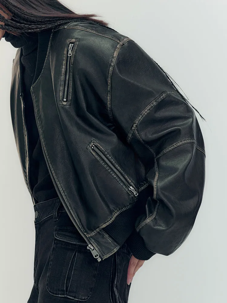 Vintage Leather No-Collar Jacket