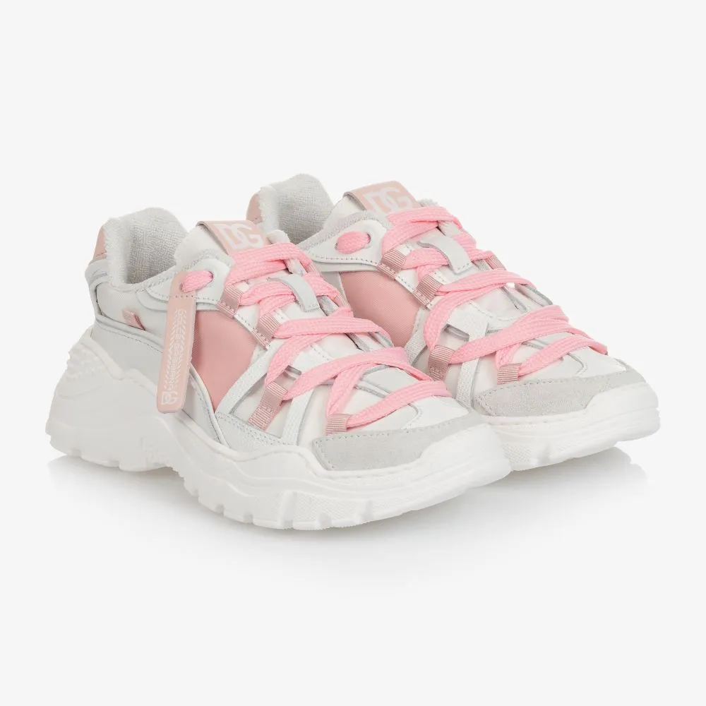 White & Pink Logo Trainers