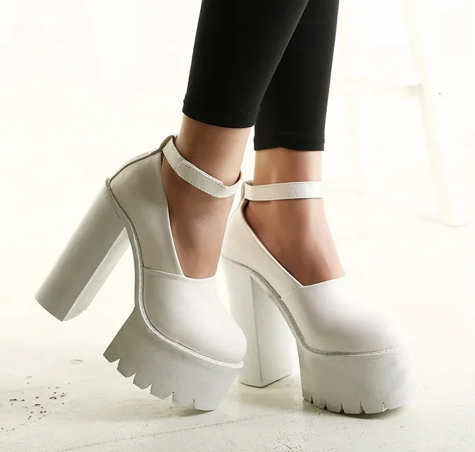 White Chunky Cleated Block High Heels