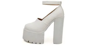 White Chunky Cleated Block High Heels